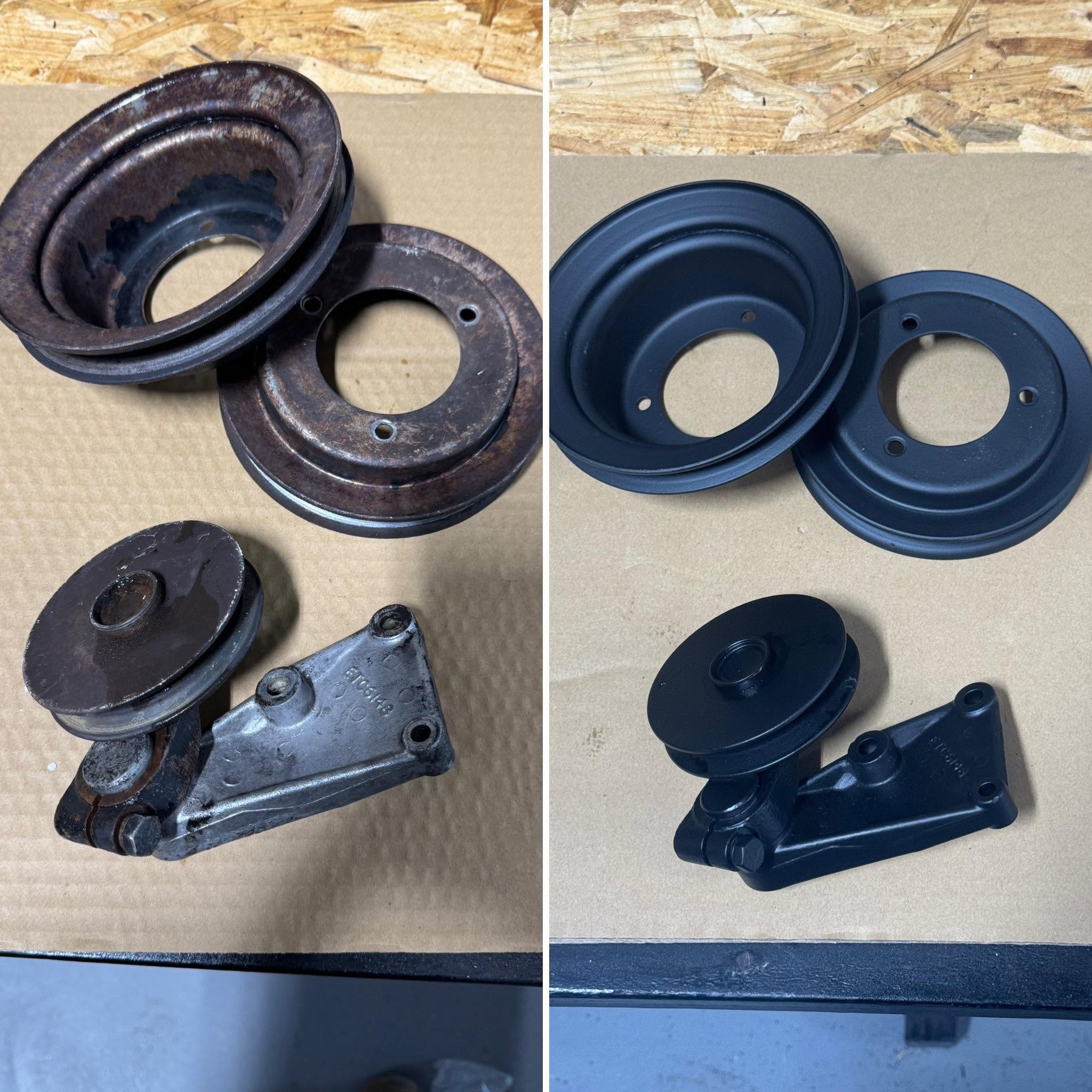 Rusted pulleys and brackets stripped and refinished in satin black for a Ithaca, MI customer